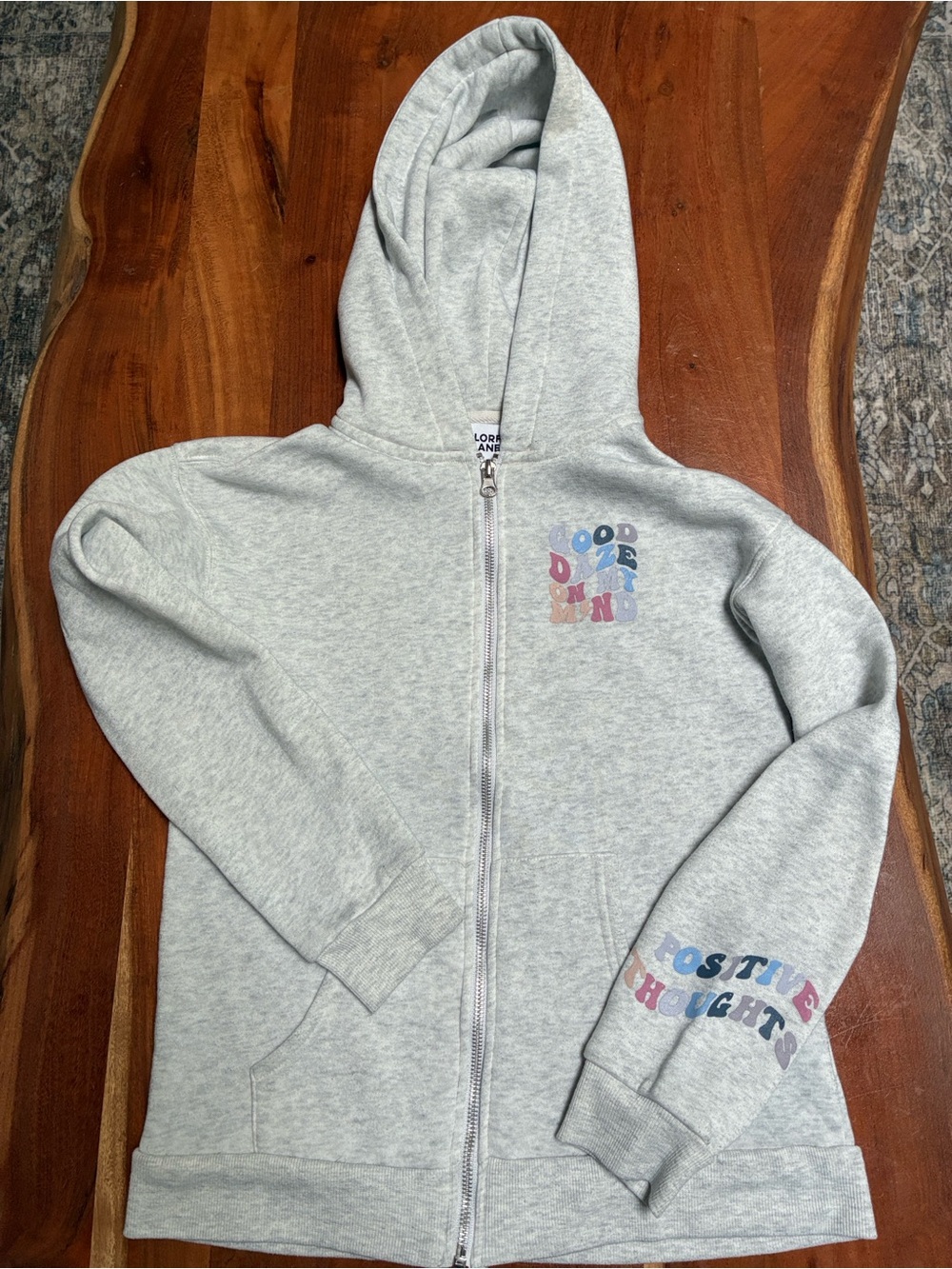 Gray Kids Zip Hoodie with Multicolor Positive Print